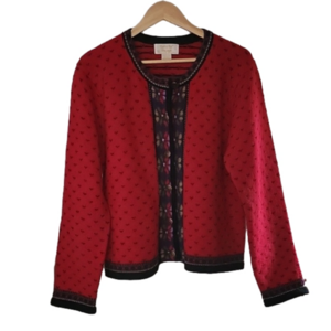 Holiday Christmas Boiled Wool Red Knitted Nordic Round Neck Cardigan Vintage L